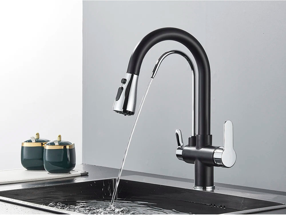 Black Purification Kitchen Faucets Pull Out Kitchen Water Filter Tap 3 Way Mixer Tap torneira para cozinha de parede Crane