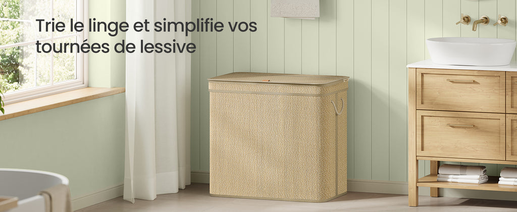 Bamboo Laundry Basket 3 Compartments, Dirty Clothes Hamper, 170 Liters, Removable and Machine Washable Bag, Lid, Handles, Laundr